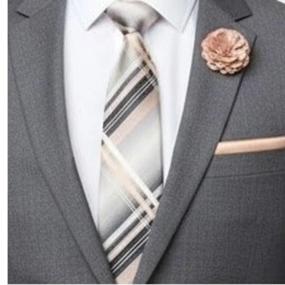 JF J Ferrar Tie 3PC Set Plaid Pattern Grey Pink Modern Necktie Pocket Square OS